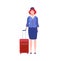 Cartoon stewardess with suitcase. Female air hostess in blue uniform, aircraft staff with luggage, commercial journey