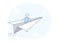 Cartoon stick character flying on a paper plane. Vector concept illustration in eps10