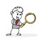 Cartoon stick man drawing of conceptual illustration of happy businessman looking through magnifying glass and searching