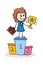Cartoon stick woman standing on podium and holding trophy cup for winner. First place. Champion win. Golden victory reward cup.