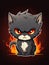 Cartoon sticker evil kitten with fire, AI