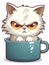 Cartoon sticker evil kitten in a kitchen cup, AI