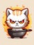 Cartoon sticker evil kitten in a kitchen pan, AI