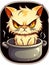 Cartoon sticker evil kitten in a kitchen pan, AI