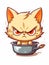 Cartoon sticker evil kitten in a kitchen pan, AI