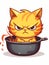 Cartoon sticker evil kitten in a kitchen pan, AI