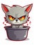 Cartoon sticker evil kitten in a kitchen pan, AI