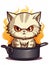 Cartoon sticker evil kitten in a kitchen pan, AI