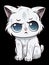 Cartoon sticker white hungry kitten on black background isolated, AI