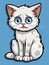 Cartoon sticker white hungry kitten on blue background isolated, AI