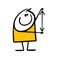 Cartoon stickman boy shows us the height and size of the object. Vector illustration of a guy measuring a thing with his