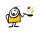 Cartoon stickman cook holds a frying pan and ingredients for scrambled eggs in his hand. Vector illustration of a boy