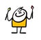 Cartoon stickman cunning, malevolent artist holds two paint brushes in his hand. Vector illustration of a drawing master