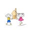 Cartoon stickman figures of boy and girl buying or moving to new house.