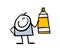 Cartoon stickman holds in his hand and shows a tube of paint and glue. Vector illustration of doodle boy and hand drawn