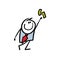 Cartoon stickman runs with his hand raised behind the bills falling from the sky.