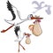 Cartoon stork carries a bag with a child