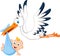 Cartoon stork carrying baby