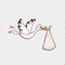 Cartoon stork delivering baby bundle on transparent background