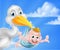 Cartoon stork holding baby