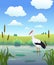 Cartoon stork on lake with reeds, blue sky with clohds landscape. vector illustration