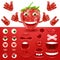 Cartoon strawberry 3d smiley face vector character creation constructor. Emoji with emotions, eyes and mouthes set.