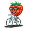 Cartoon strawberry in sunglasses riding a Bicycle on a white isolated background. Vector image