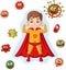 Cartoon strong superhero boy with viruses and bacteria