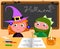 Cartoon students in Halloween costumes at school, vector illustration