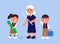 Cartoon students and teacher. Happy preschool girl and boy in school uniform, old woman. Fun children learning vector