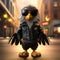 Cartoon Stuffed Eagle In Leather Jacket And Sunglasses On The Street