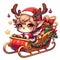 A cartoon style of adorable chibi reindeer with a sleigh full of christmas gifts, cartoon, holiday costums, white background