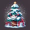 Cartoon style of an adorable christmas tree with snow capped and the gifts, fantasy design, artwork, cute face, no background