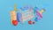 Cartoon style Baby white crib bed tub Surrounded by baby bottles, wooden toys cubes with letters and numbers, hearts, shampoo