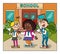 Cartoon style of children of different races stand in front of school in festive school clothes and flowers