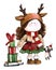 Cartoon style Christmas children`s costume with a toy green and red little girl in a skirt tilda doll in hand sleds and plush dog