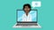 Cartoon style, colorful animation of online medical consultations. Black female doctor is talking on a laptop screen.