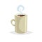 Cartoon style cup with hot drink. Coffee or tea. Trendy decorative design. Great for cafe menu. Beige mug with steam.