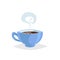 Cartoon style cup with hot drink. Coffee or tea. Trendy decorative design. Great for cafe menu. Blue mug with steam.