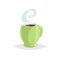 Cartoon style cup with hot drink. Coffee or tea. Trendy decorative design. Great for cafe menu. Green mug with steam.