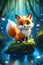 A cartoon style of cute and adorable tiny fox, a creature of pure magic, scampering through a lush, with enchanted forest, animal