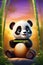 A cartoon style of cute baby panda, in a beautiful vintage sunset, at beautiful bamboo forest, funny act, dynamic pose