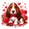 A cartoon style of cute hound dog, in a love scene, romantic, surrounded by the rose flower petals, chocolate, heart, anime art