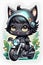 A cartoon style of a cute kawaii chibi black cat touring on a motorcycle, t-shirt design, stickers, animal, adorable, fantasy art