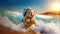 cartoon style cute squirrel travels with backpack at the sea, ai generated