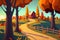Cartoon style depiction of an autumnal countryside with trees