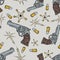 Cartoon style doodle drawings of seamless pattern of cowboy gun,