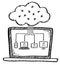 Cartoon style doodle of notebook with cloud connection infected by computer bugs. Hand drawn doodle vector illustration.
