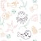 Cartoon style doodle seamless pattern of marine life fish, octopus, jellyfish, starfish, seahorses and whales.