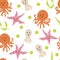Cartoon style doodle seamless vector summer pattern of underwater octopuses and starfish